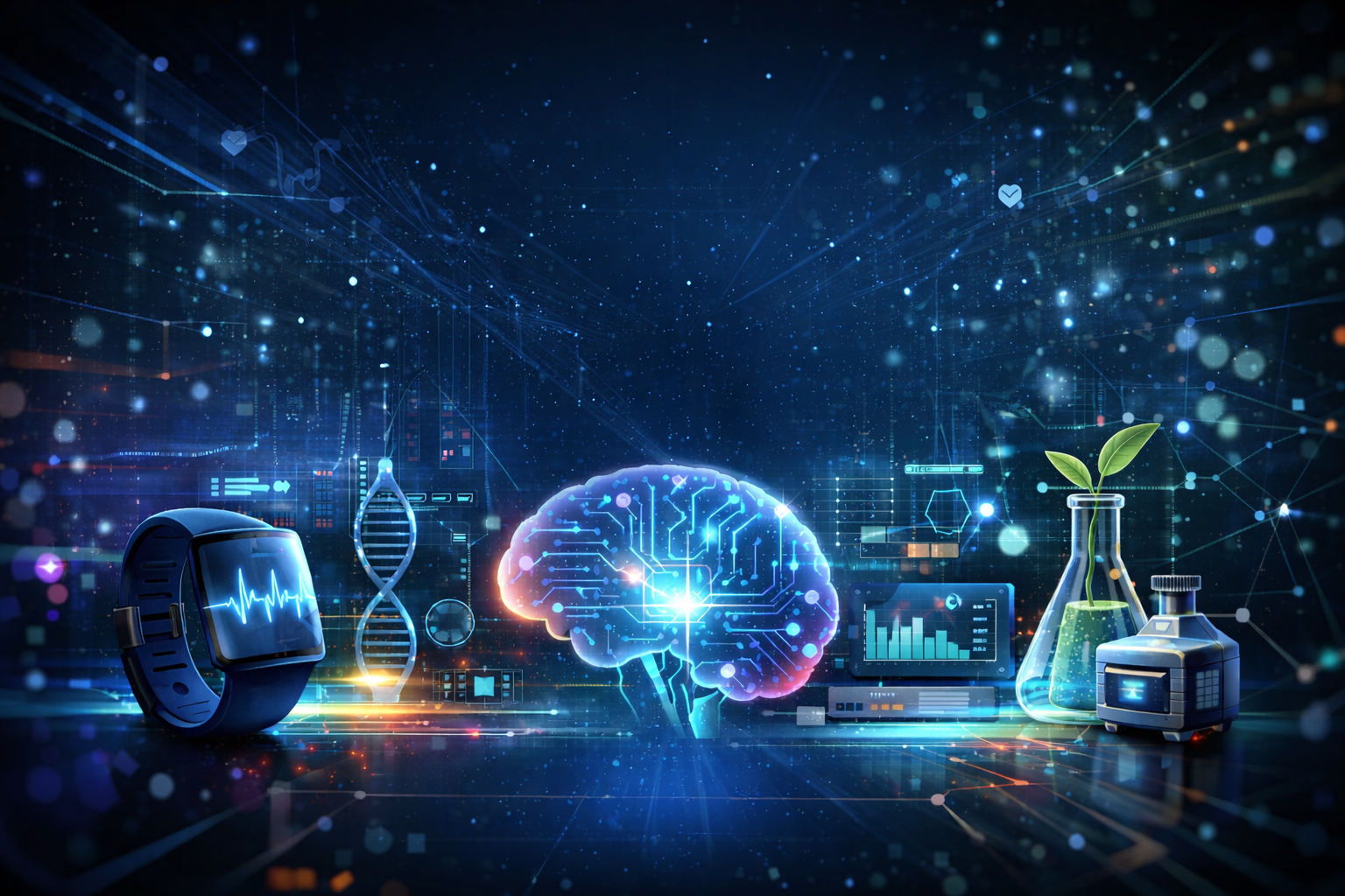 Futuristic biotech IoT and AI edge analytics visual, no text.